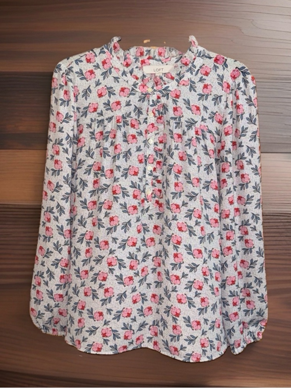 LOFT White Floral Button-Down Shirt with Pink Roses & Micro Dots-M-EC